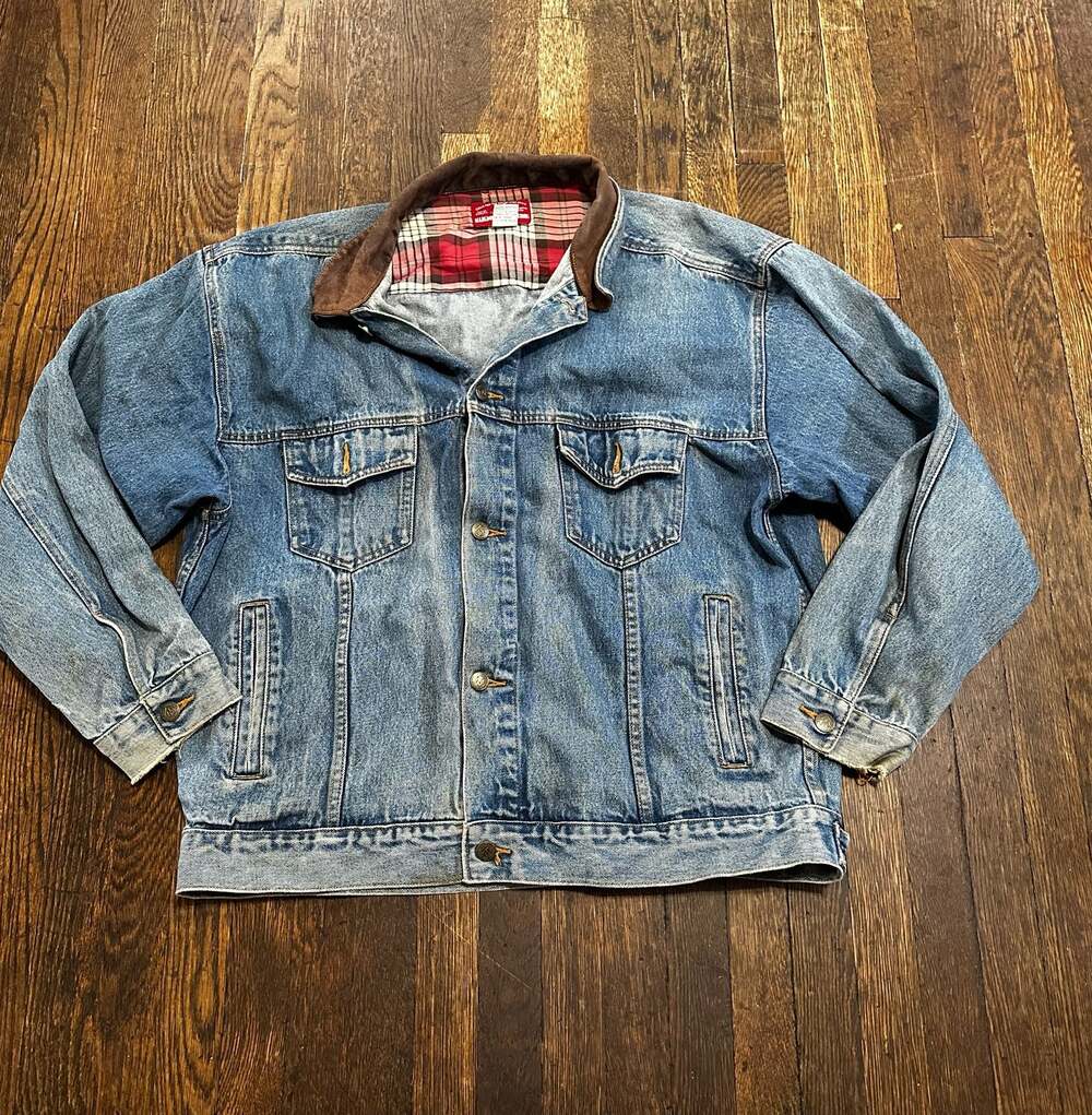 Vintage Marlboro Country Store Denim Trucker Jacket XL Leather Collar MCS 273
